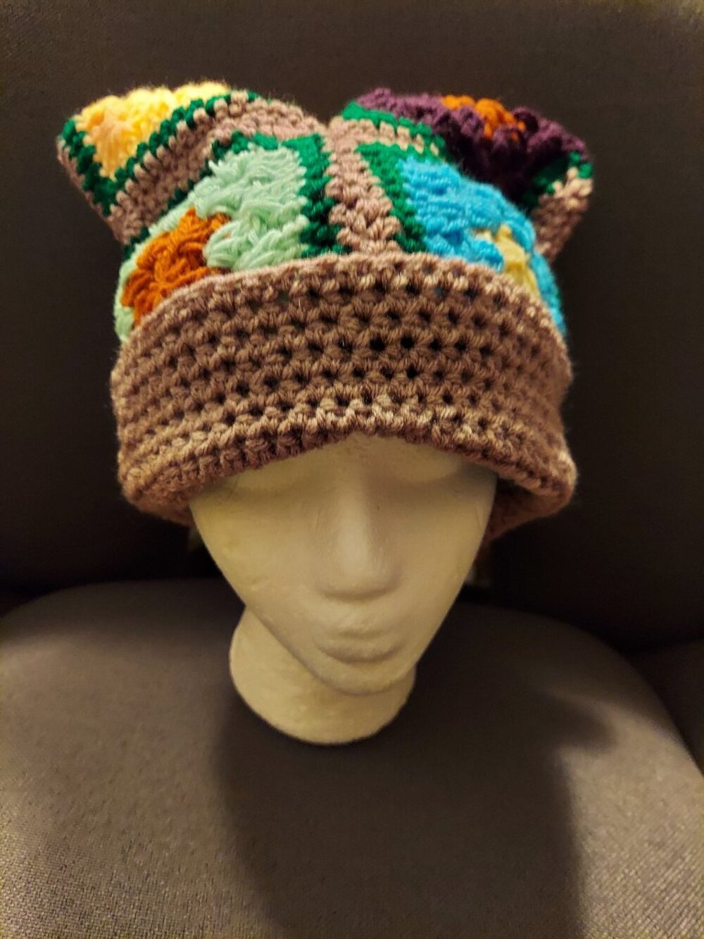Cat Hat 2 - 10 1/2 inches wide, 8 inches deep, 2 inch brim, hand crocheted